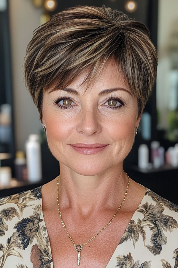 Warm Brunette Pixie with Highlights, long pixie haircut for women over 50