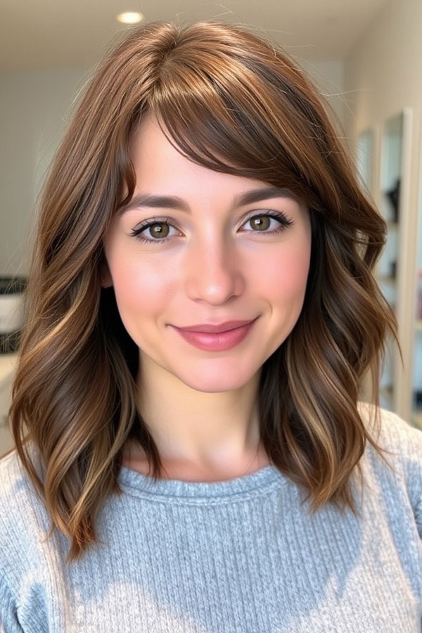 39 Flattering Medium Hairstyles Perfect for Thin Hair : Warm Brunette Soft Wavy with Side-Swept Bangs