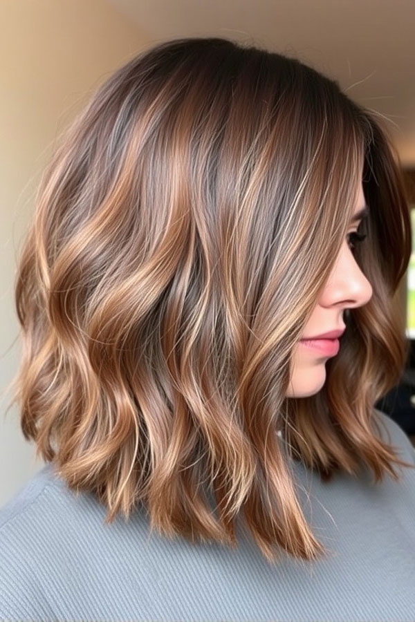 50 Wavy Lob Haircuts for Effortless Glamour : Warm Chestnut Waves