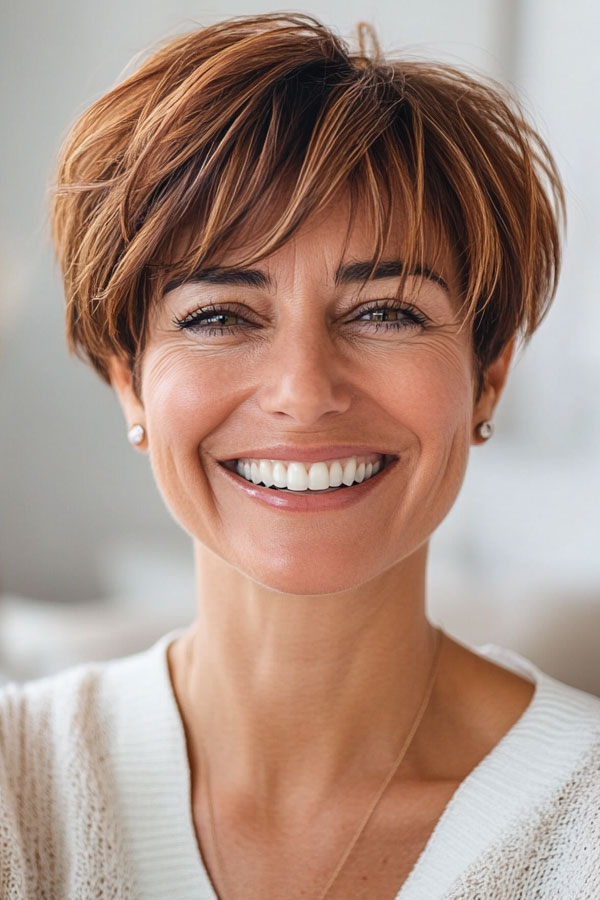 50 Pixie Hair Colour Ideas for Women Over 50 : Warm Chestnut Pixie with Bangs