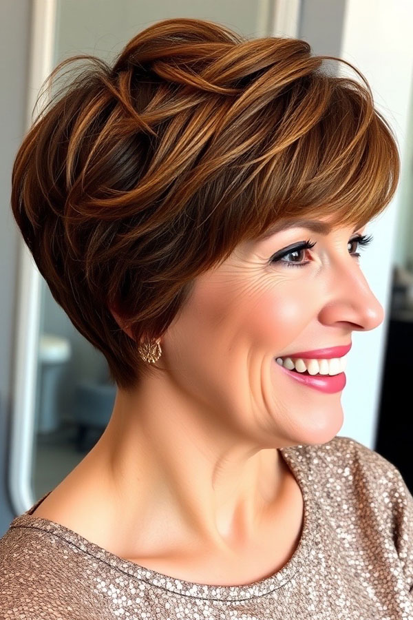 Warm Chestnut Pixie with Soft Layers, pixie hair color idea, pixie haircut, pixie hair color