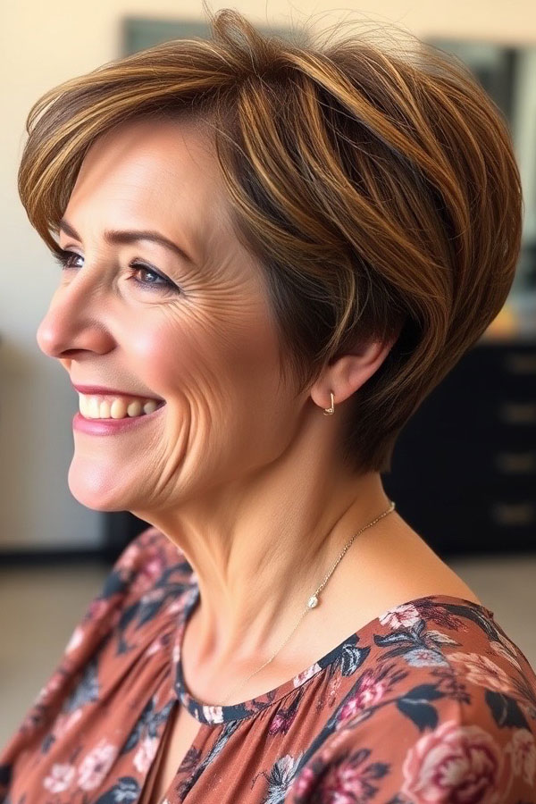 50 Pixie Hair Colour Ideas for Women Over 50 : Warm Chestnut Pixie with Subtle Highlights