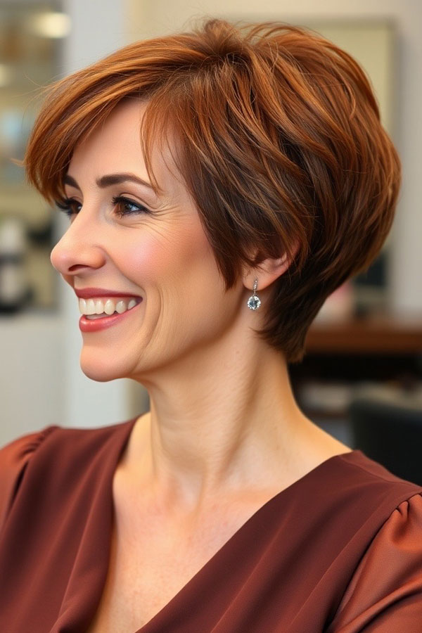 Warm Cinnamon Pixie for a Youthful Glow, pixie hair color idea, pixie haircut, pixie hair color