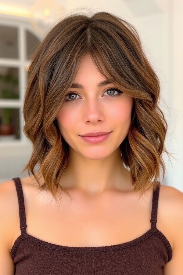 Wavy Brunette Bob with Curtain Bangs, long bob hairstyle, , medium-length haircut, low maintenance medium-length haircut