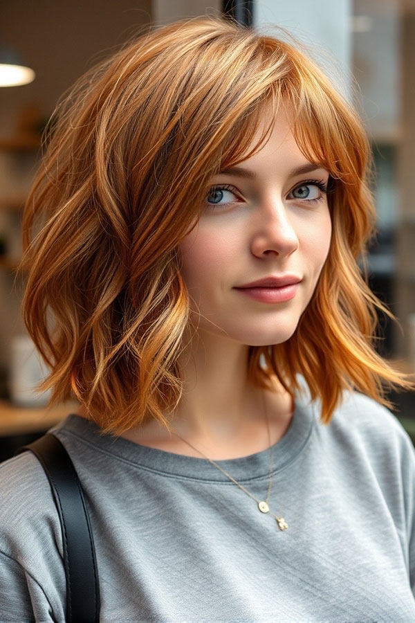 32 Low-Maintenance Medium-Length Haircuts : Wavy Copper Bob with Side ...