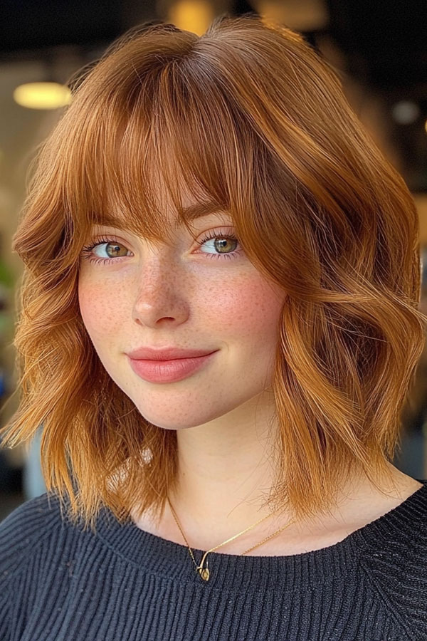 Wavy Pumpkin Bob with Wispy Bangs, pumpkin hair colour