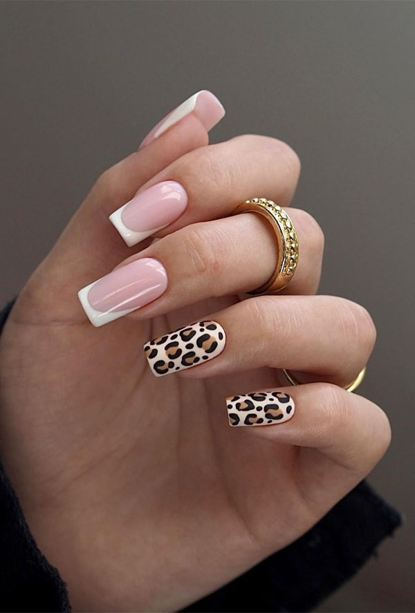 30 Trendy Fall Nails to Inspire Your Cozy Season Look : White French Tips & Leopard Nails