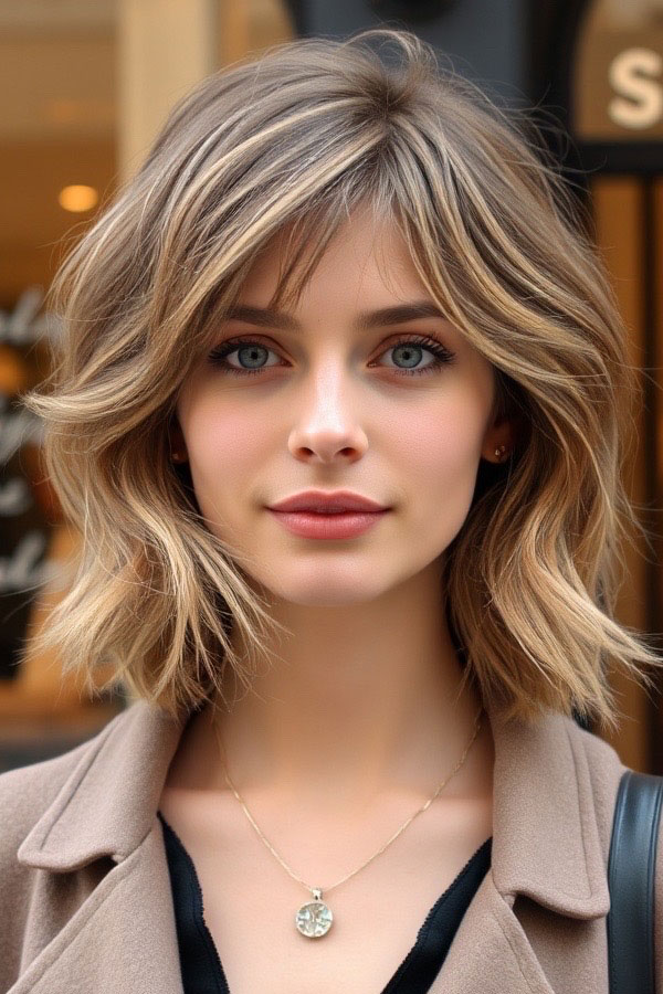 Windswept Layers with Curtain Bangs, loose wave lob, medium-length haircut, low maintenance medium-length haircut