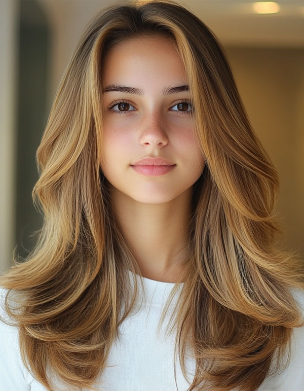 Bronde voluminous long layered haircut, long layered hairstyle