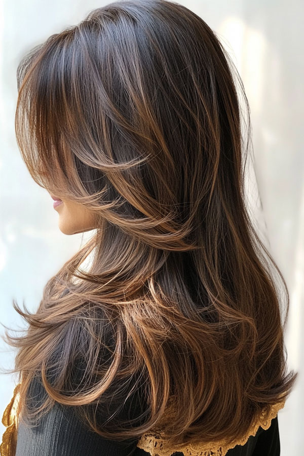 Dark Hair Layers with Subtle Highlights, long layered haircut with curtain bangs, voluminous long layered haircut, long layered hairstyle