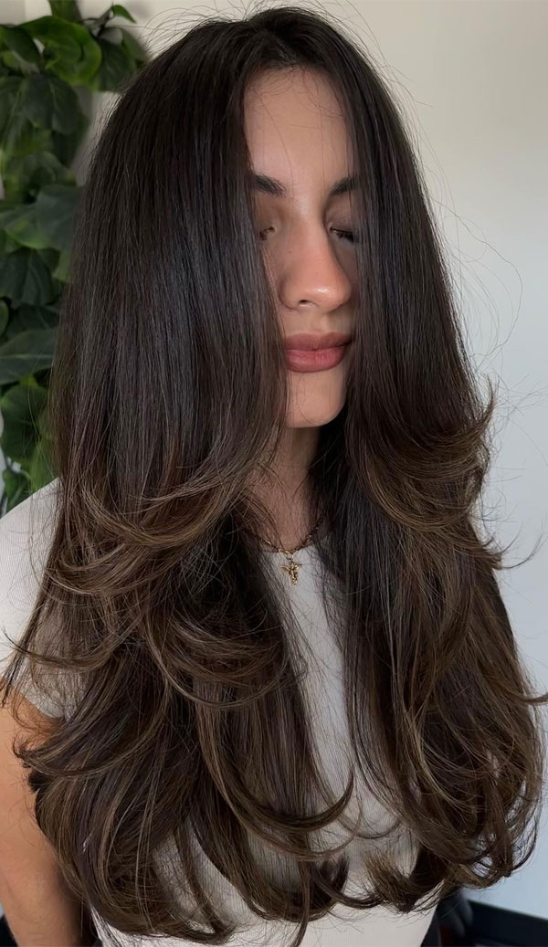 dark hair soft long layers,  butterfly layered haircut, long layered haircut with curtain bangs, voluminous long layered haircut, long layered hairstyle 