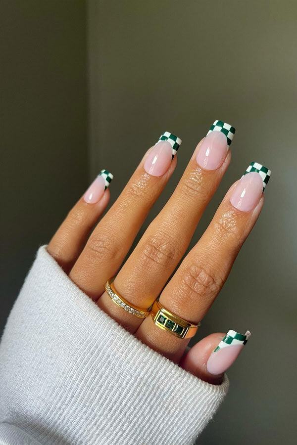 Green Checkerboard French Tips, Trendy Fall Nails, autumn nails, autumn nail designs, fall color nails