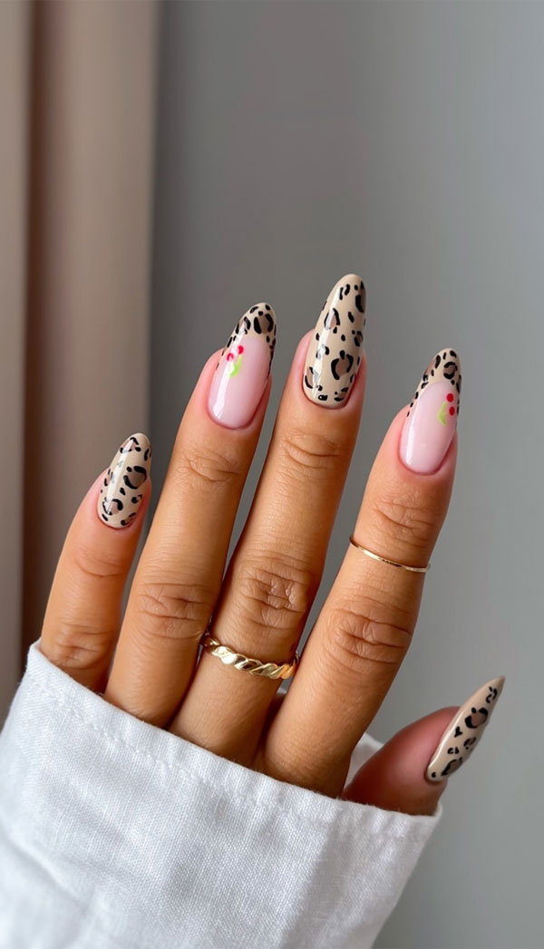 30 Trendy Fall Nails to Inspire Your Cozy Season Look : Leopard Print Almond Nails with a Pop