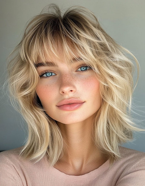 39 Flattering Medium Hairstyles Perfect for Thin Hair : Soft Waves with Wispy Bangs