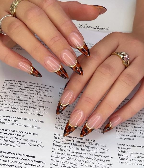 Glam Tortoiseshell French Tips, Trendsetting Autumn Nail Designs, almond nails, fall nail design