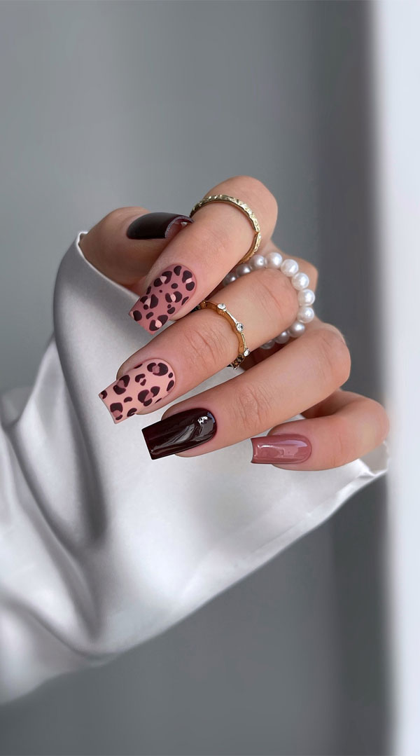 Chic Leopard & Wine Tones, Trendy Fall Nails, autumn nails, autumn nail designs, fall color nails