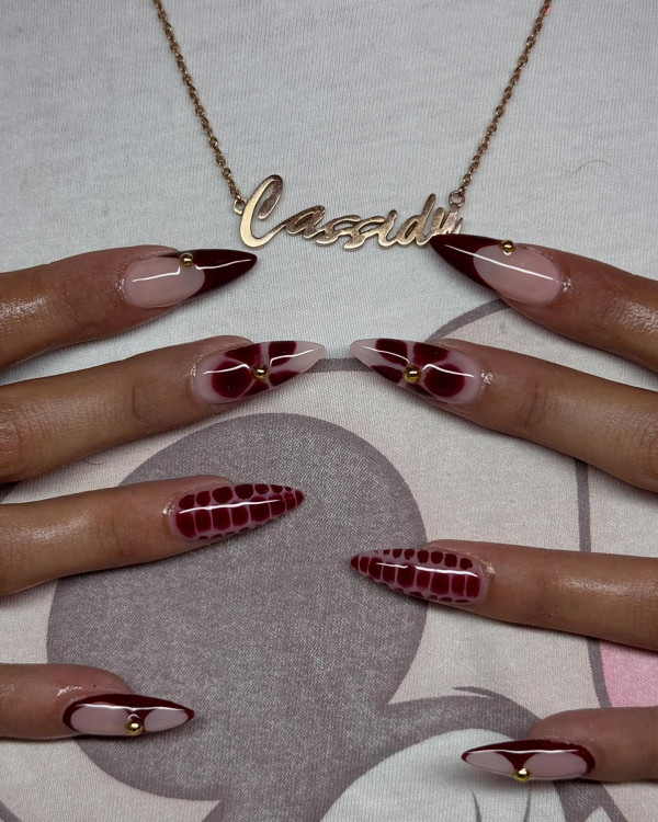 30 Trendy Fall Nails to Inspire Your Cozy Season Look : Edgy Burgundy Glam Stiletto Nails