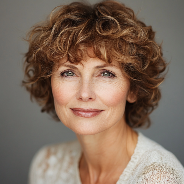 18 Curly Hairstyles for Women Over 60 : Soft Caramel Curls with a Gentle Fringe