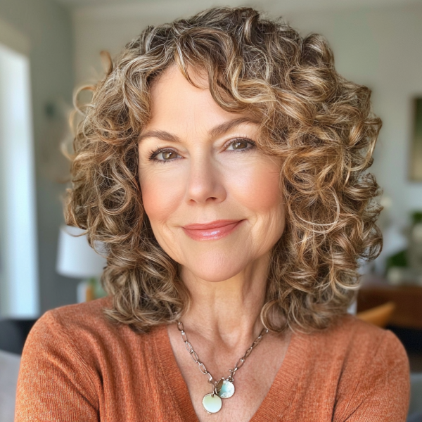 18 Curly Hairstyles for Women Over 60 : Golden Blonde Shoulder-Length Curly Layers