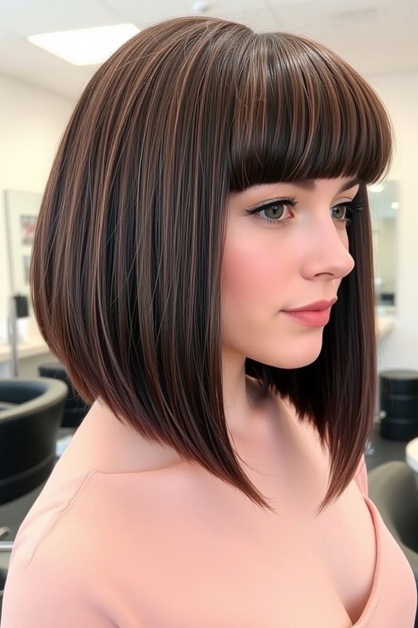 Edgy A-Line Bob with Chocolate Highlights and Blunt Bangs