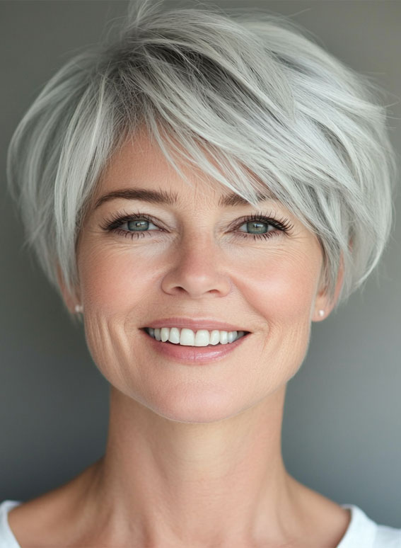 Chic Silver Pixie with Soft Layers, Youthful hairstyles over 50 medium length, Fresh and Youthful Hairstyles Over 50, Short youthful Hairstyles over 50, Youthful hairstyles women over 50, Low maintenance haircuts for women over 50, Wash and wear haircuts for over 50