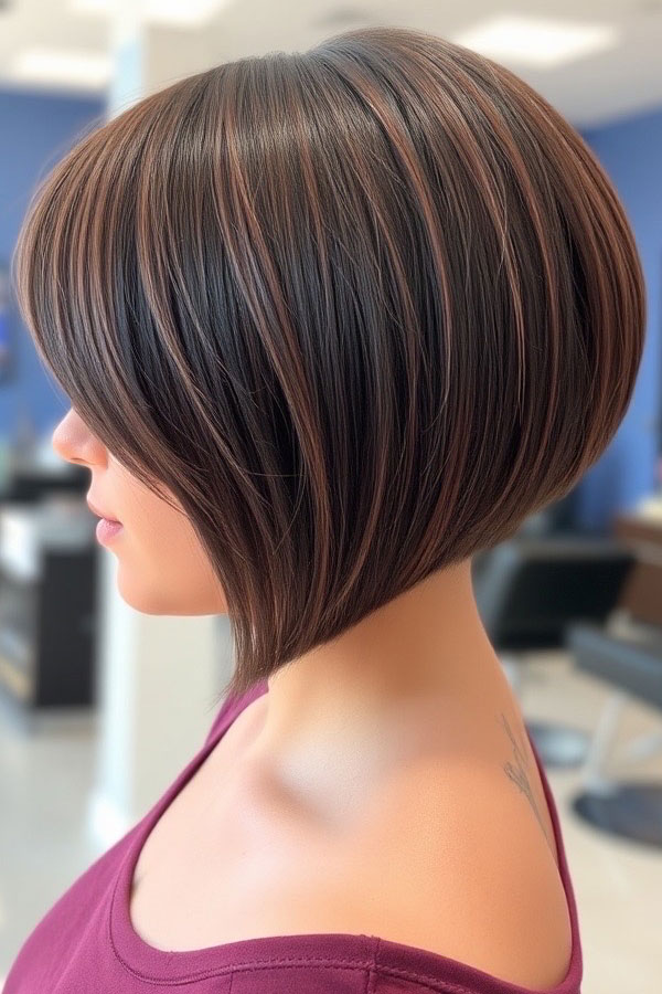 32 Sleek Bob Haircuts for a Chic and Polished Look : Angled Espresso Bob with Auburn Streaks