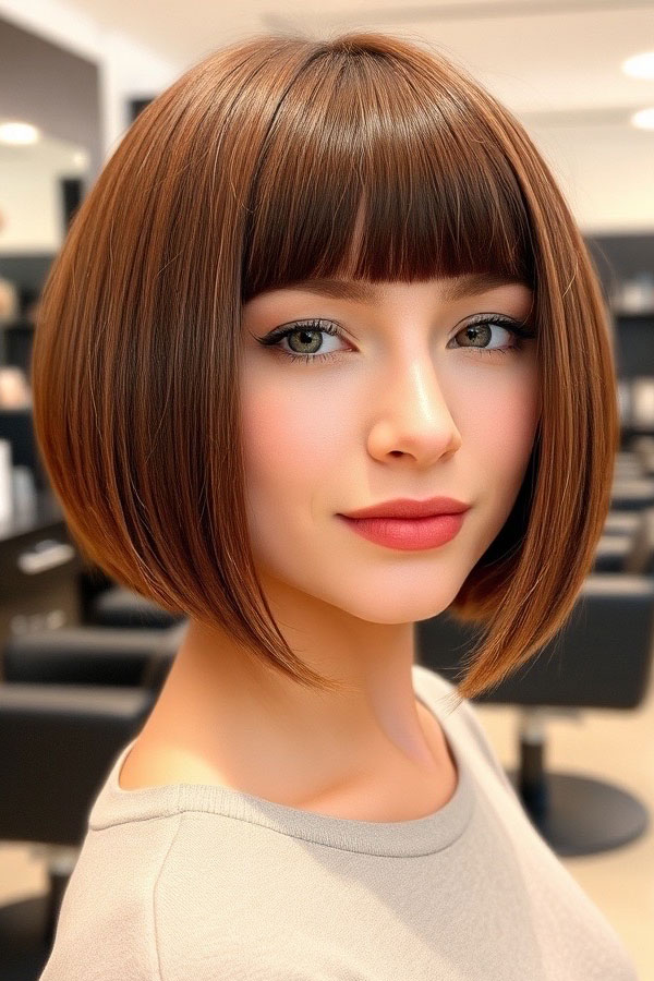 Brunette Bob with Blunt Bangs, , bob hairstyle, sleek bob hairstyle