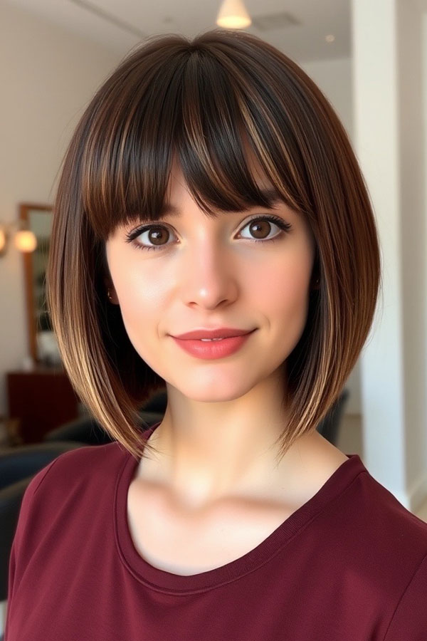 32 Sleek Bob Haircuts for a Chic and Polished Look : Chestnut Bob with Soft Bangs