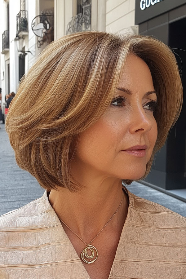 25 Layered Bob Haircuts For Women Over 50 : Classic Caramel Bob