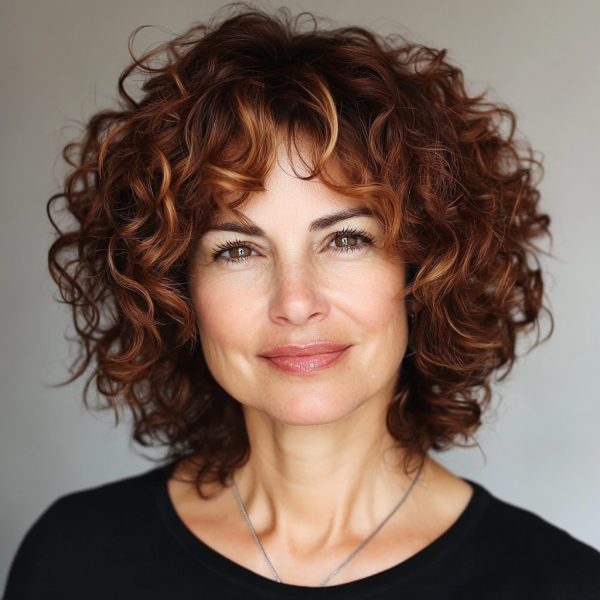 18 Curly Hairstyles for Women Over 60 : Radiant Auburn Curls with Face-Framing Highlights