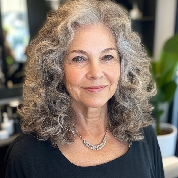 Elegant Grey Waves, Curly Hairstyles for Women Over 60, Low maintenance curly hairstyles for women over 60, Medium length curly hairstyles for women over 60, Short curly hairstyles for women over 60, Curly hairstyles for women over 60 with thin hair, Curly hairstyles for women over 60 with glasses, Natural curly hairstyles for over 60