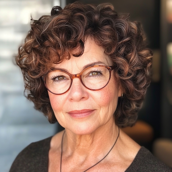 18 Curly Hairstyles for Women Over 60 : Chic Chestnut Curls with Glasses