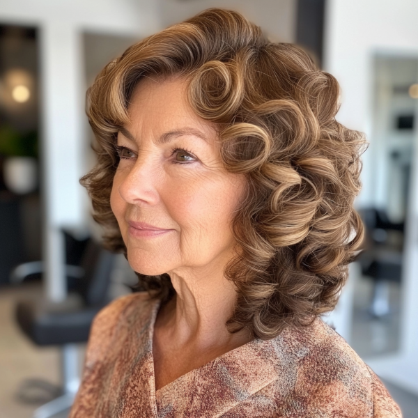 18 Curly Hairstyles for Women Over 60 : Shoulder-Length Soft Curls with Subtle Highlights