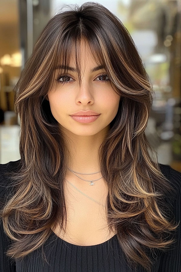 35 Curtain Bangs with Layered Long Hair : Bold Brunette Layers with ...