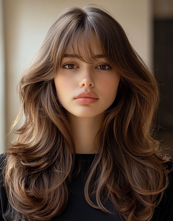 35 Curtain Bangs with Layered Long Hair : Soft Chestnut Waves with Feathered Curtain Bangs