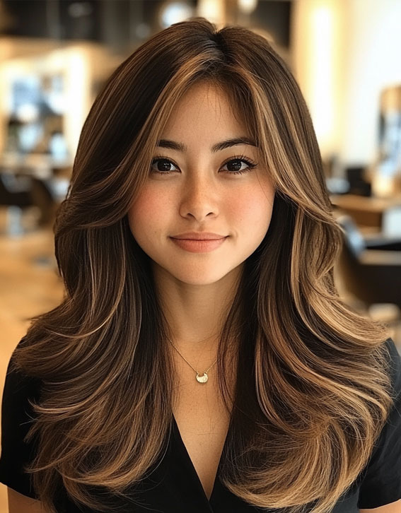 Rich Brunette Layers with Subtle Highlights,  Curtain Bangs with Layered Long Hair, Curtain bangs long hair, Curtain bangs with layers, Curtain bangs haircut, Curtain bangs with layers medium hair, Long curtain bangs with layers, Curtain bangs with layers straight hair, Short curtain bangs