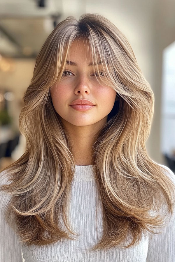 35 Curtain Bangs with Layered Long Hair : Honey Blonde Layers with Flowing Curtain Bangs