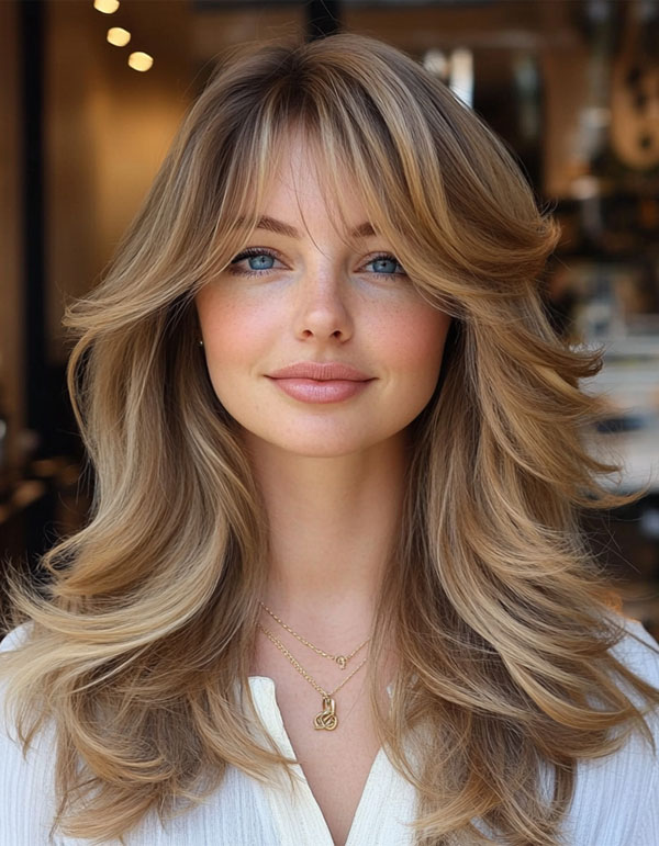 Golden Honey Layers with Soft Curtain Bangs,  Curtain Bangs with Layered Long Hair, Curtain bangs long hair, Curtain bangs with layers, Curtain bangs haircut, Curtain bangs with layers medium hair, Long curtain bangs with layers, Curtain bangs with layers straight hair, Short curtain bangs