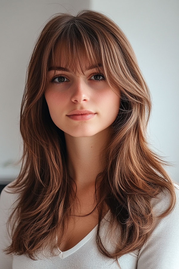 Natural Brunette with Wispy Curtain Bangs, Curtain Bangs with Layered Long Hair, Curtain bangs long hair, Curtain bangs with layers, Curtain bangs haircut, Curtain bangs with layers medium hair, Long curtain bangs with layers, Curtain bangs with layers straight hair, Short curtain bangs