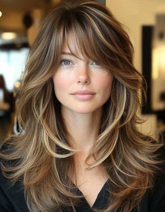 Textured Layers with Bold Highlights, Curtain Bangs with Layered Long Hair, Curtain bangs long hair, Curtain bangs with layers, Curtain bangs haircut, Curtain bangs with layers medium hair, Long curtain bangs with layers, Curtain bangs with layers straight hair, Short curtain bangs