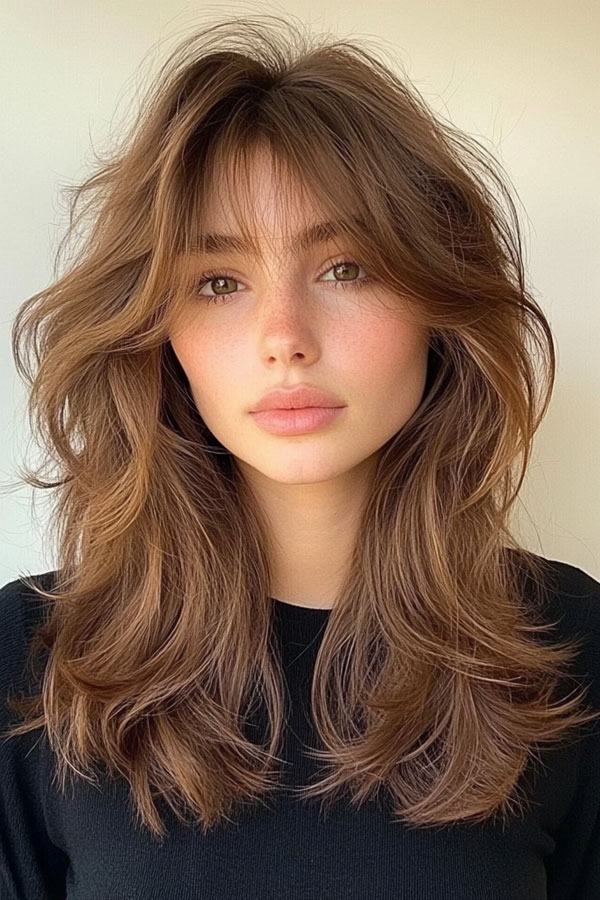 Tousled Chestnut Layers with Wispy Curtain Bangs, Curtain Bangs with Layered Long Hair, Curtain bangs long hair, Curtain bangs with layers, Curtain bangs haircut, Curtain bangs with layers medium hair, Long curtain bangs with layers, Curtain bangs with layers straight hair, Short curtain bangs