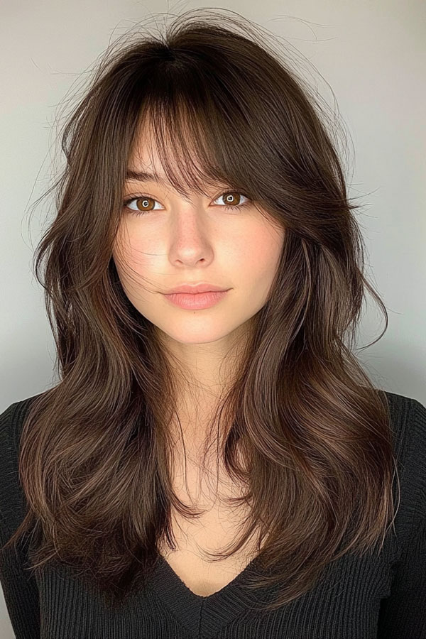 35 Curtain Bangs with Layered Long Hair : Soft Brunette Layers with Wispy Curtain Bangs