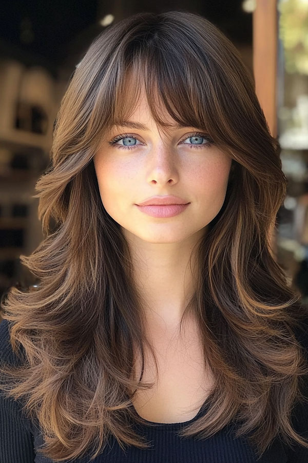 Brunette Layers with Elegant Curtain Bangs, Curtain Bangs with Layered Long Hair, Curtain bangs long hair, Curtain bangs with layers, Curtain bangs haircut, Curtain bangs with layers medium hair, Long curtain bangs with layers, Curtain bangs with layers straight hair, Short curtain bangs