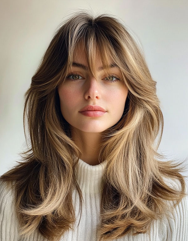 Honey Blonde Layers with Wispy Curtain Bangs, Curtain Bangs with Layered Long Hair, Curtain bangs long hair, Curtain bangs with layers, Curtain bangs haircut, Curtain bangs with layers medium hair, Long curtain bangs with layers, Curtain bangs with layers straight hair, Short curtain bangs