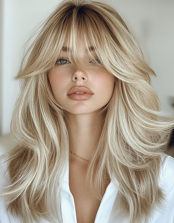 Platinum Blonde Layers with Soft Curtain Bangs, Curtain Bangs with Layered Long Hair, Curtain bangs long hair, Curtain bangs with layers, Curtain bangs haircut, Curtain bangs with layers medium hair, Long curtain bangs with layers, Curtain bangs with layers straight hair, Short curtain bangs