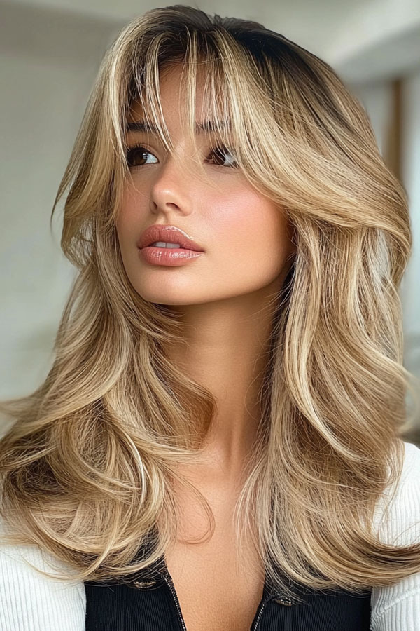 Dimensional Blonde Layers with Flowing Curtain Bangs, Curtain Bangs with Layered Long Hair, Curtain bangs long hair, Curtain bangs with layers, Curtain bangs haircut, Curtain bangs with layers medium hair, Long curtain bangs with layers, Curtain bangs with layers straight hair, Short curtain bangs