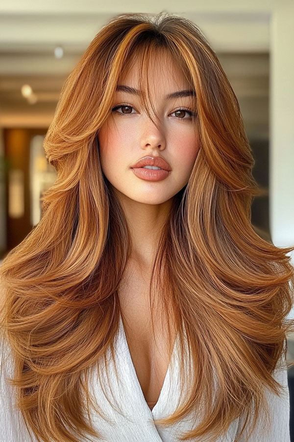 Radiant Copper Layers with Soft Curtain Bangs, Curtain Bangs with Layered Long Hair, Curtain bangs long hair, Curtain bangs with layers, Curtain bangs haircut, Curtain bangs with layers medium hair, Long curtain bangs with layers, Curtain bangs with layers straight hair, Short curtain bangs