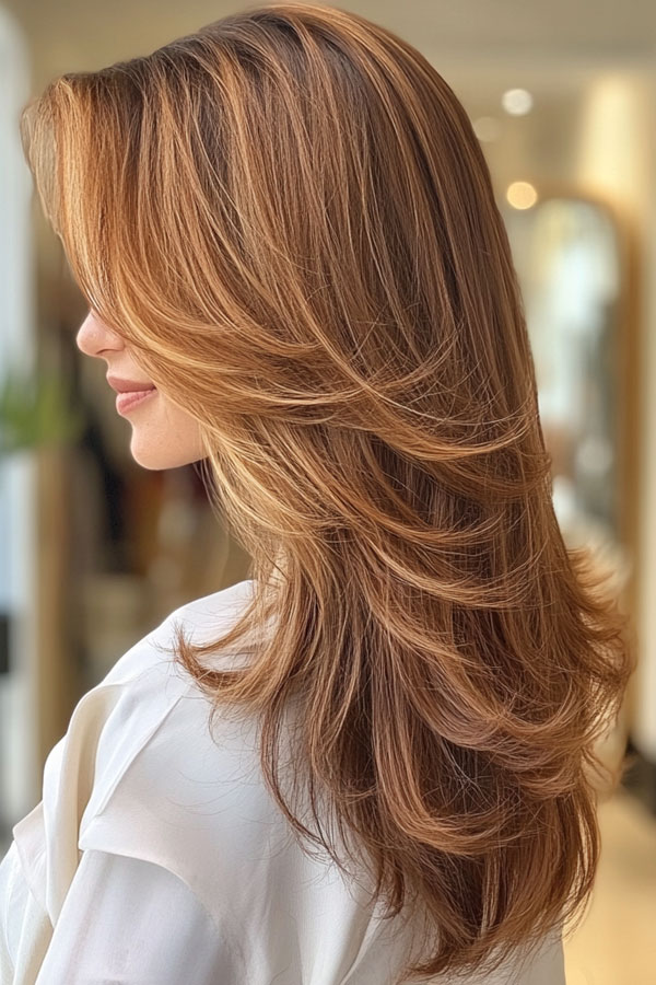 35 Curtain Bangs with Layered Long Hair : Sunlit Caramel Layers with ...