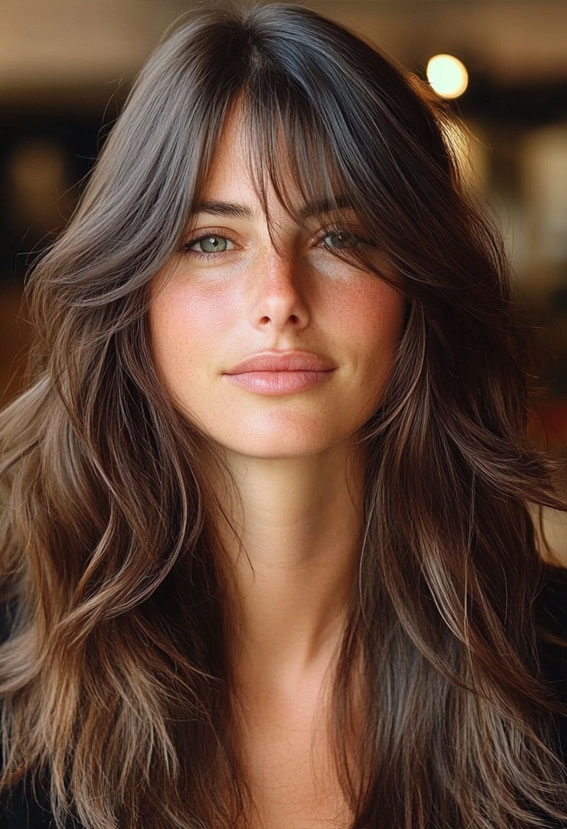 Brunette Soft Shag Layers with Soft Curtain Bangs, Curtain Bangs with Layered Long Hair, Curtain bangs long hair, Curtain bangs with layers, Curtain bangs haircut, Curtain bangs with layers medium hair, Long curtain bangs with layers, Curtain bangs with layers straight hair, Short curtain bangs