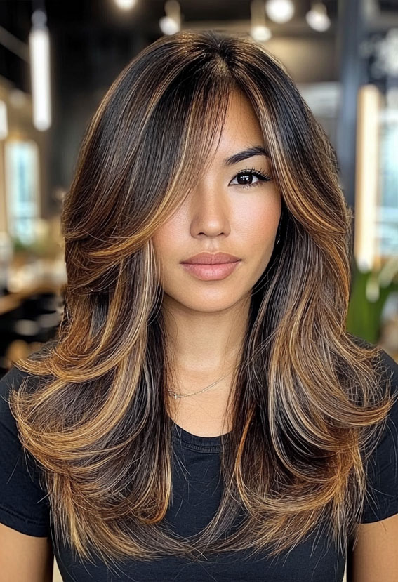 Brunette with Golden Highlights, Curtain Bangs with Layered Long Hair, Curtain bangs long hair, Curtain bangs with layers, Curtain bangs haircut, Curtain bangs with layers medium hair, Long curtain bangs with layers, Curtain bangs with layers straight hair, Short curtain bangs